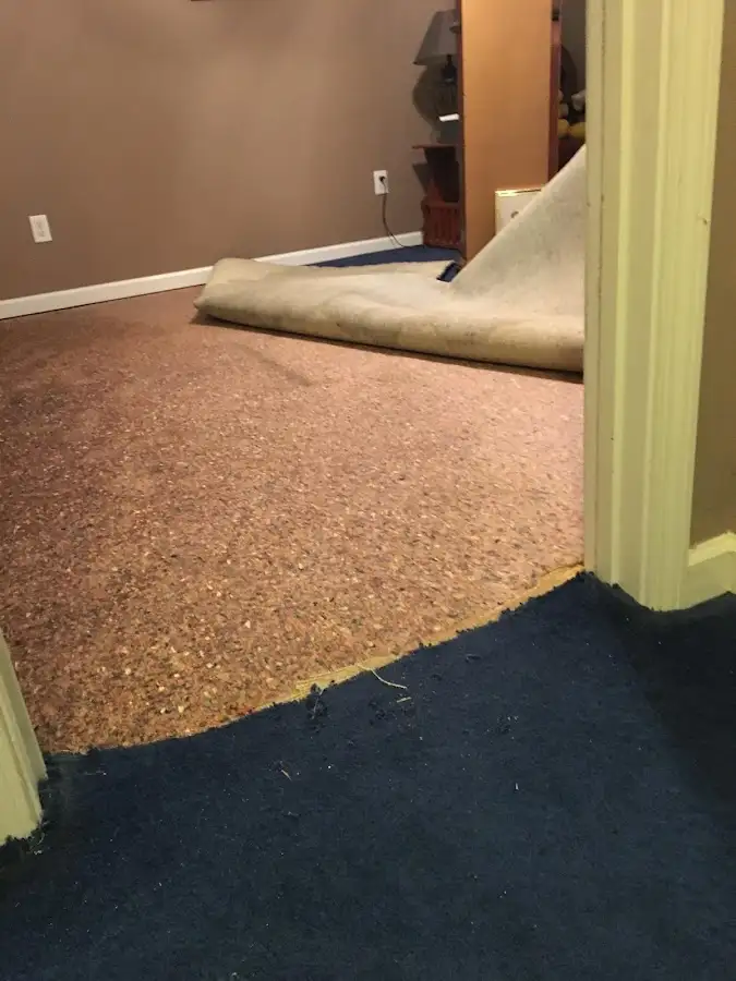 Carpet pad removal revealing water damage during Drying & Dehumidification in Belton